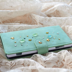 角金具付き★小鳥達がいる手帳型スマホケース『♡Jewelry Box♡』 mintgreen ほぼ全機種注文可能 1枚目の画像