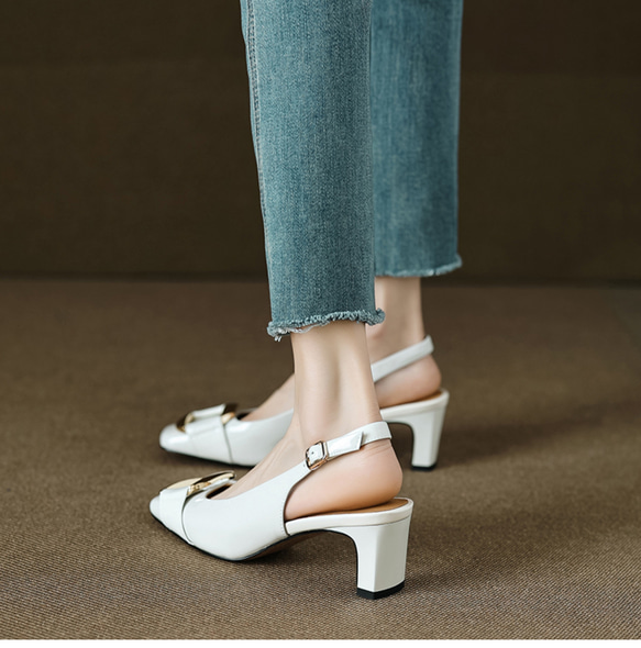 白 サンダル ベージュ サンダル バックストラップ ローヒール 靴 歩きやすい パンプス 本革 革靴 春夏 かわいい 8枚目の画像