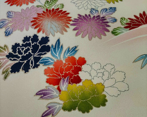 古布、4枚はぎあわせ、牡丹に橘柄