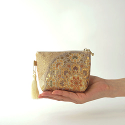華模様 ゴールド 帯リメイク ミニポーチ】カードケース、ポーチ小さめ