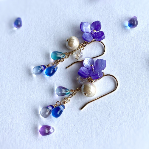 紫陽花としずくの耳飾り パープル系 イヤリング変更可能 ピアス