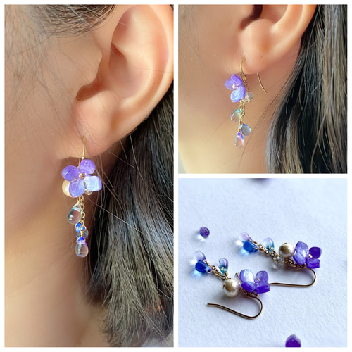 紫陽花としずくの耳飾り パープル系 イヤリング変更可能 ピアス