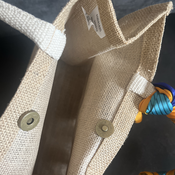 1点物♡鳥さん刺繍バードとヴィンテージスカーフのジュートバッグ(B5サイズ)アンティークスカーフエコバッグかごバッグカゴ 10枚目の画像