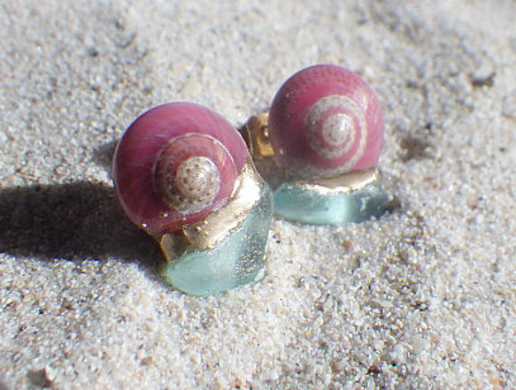 鮭魚粉色螺旋貝殼和海草金繼耳環 第5張的照片