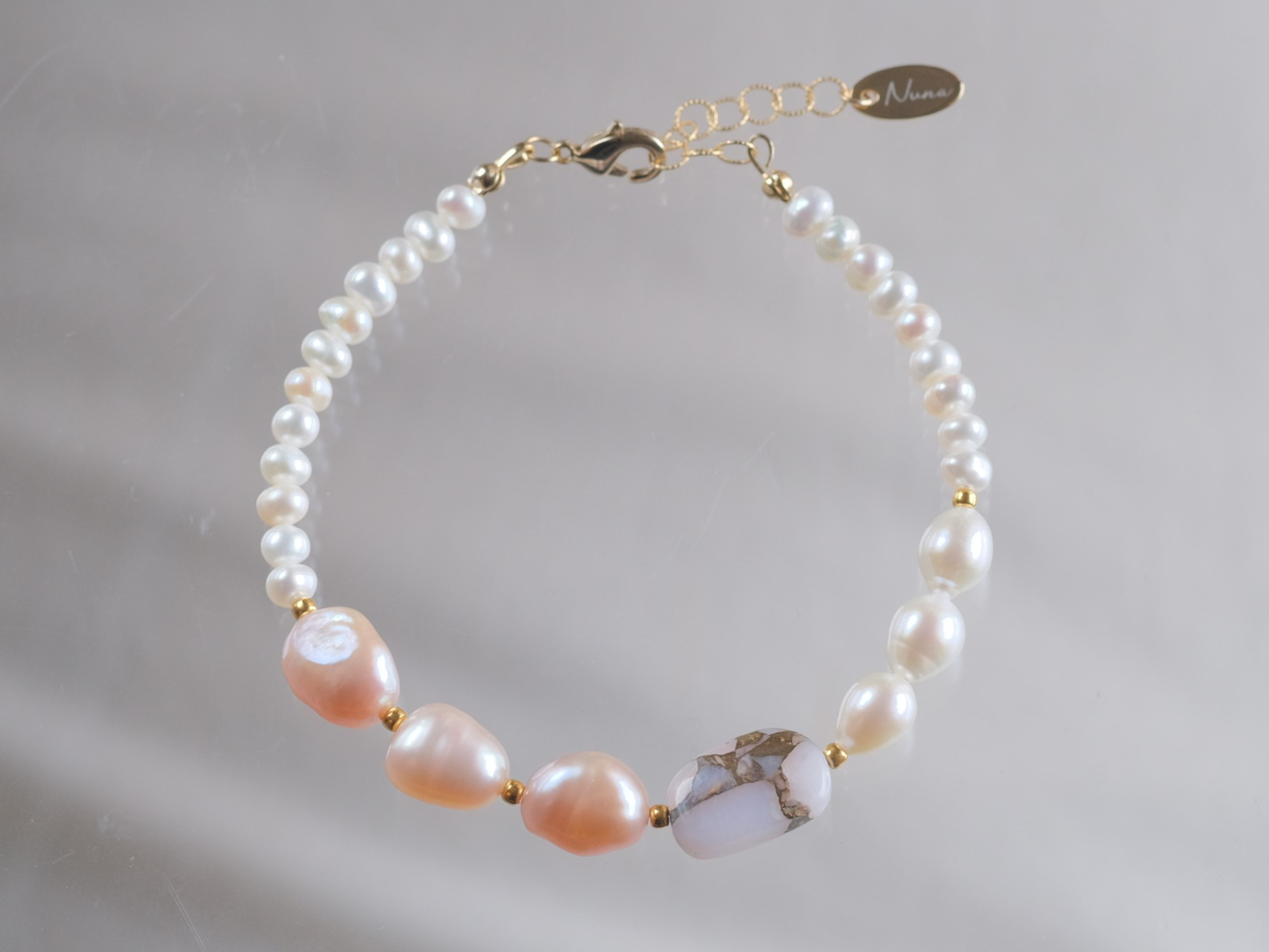 Copper pink opal & perla bracelet：コッパーピンクオパールブレスレット　淡水真珠