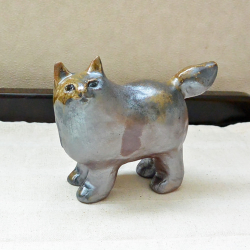 大きめ ネコの置き物 渋めカラー 茶色の猫 インテリア 手作り