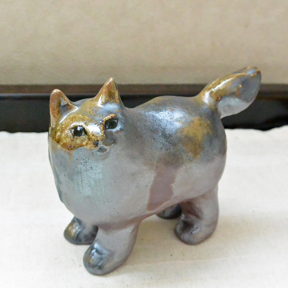 大きめ ネコの置き物 渋めカラー 茶色の猫 インテリア 手作り陶芸 陶器