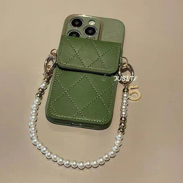 iPhone 14 promax潮款菱格カードバッグ真珠手提げチェーン高級感アップル13携帯ケース11カードバッグ 3枚目の画像