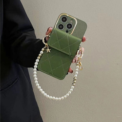 iPhone 14 promax潮款菱格カードバッグ真珠手提げチェーン高級感アップル13携帯ケース11カードバッグ 6枚目の画像