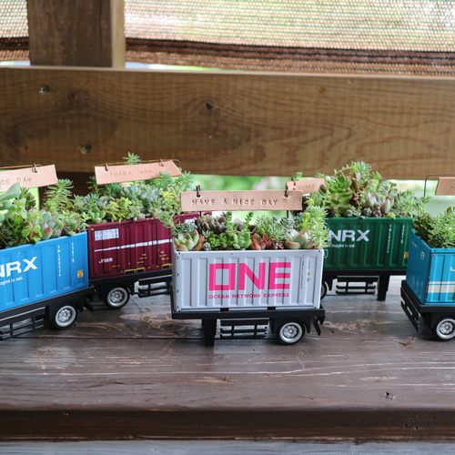 そのまま飾れる】多肉植物やセダムで寄せ植えしたブリキの貨物コンテナ