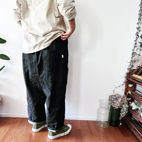 おとなサイズ『育てる綿麻デニム』まるいワイドパンツ 親子コーデ 