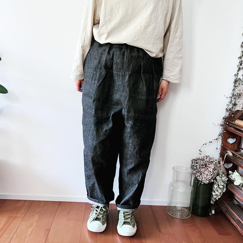 おとなサイズ『育てる綿麻デニム』まるいワイドパンツ 親子コーデ 
