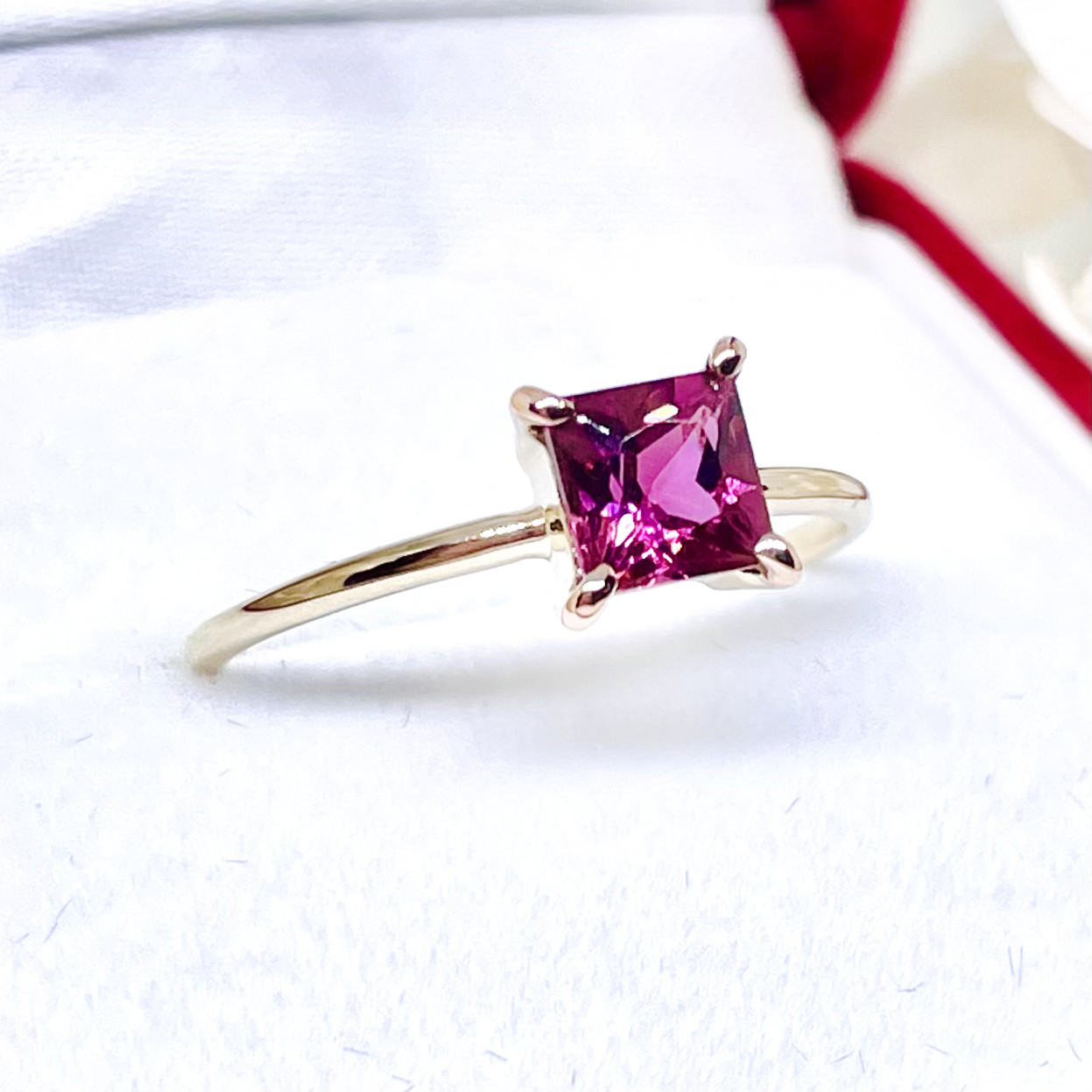 K18(18金)最高品質ピンクトルマリンのスクエアリング【セミオーダーメイド】