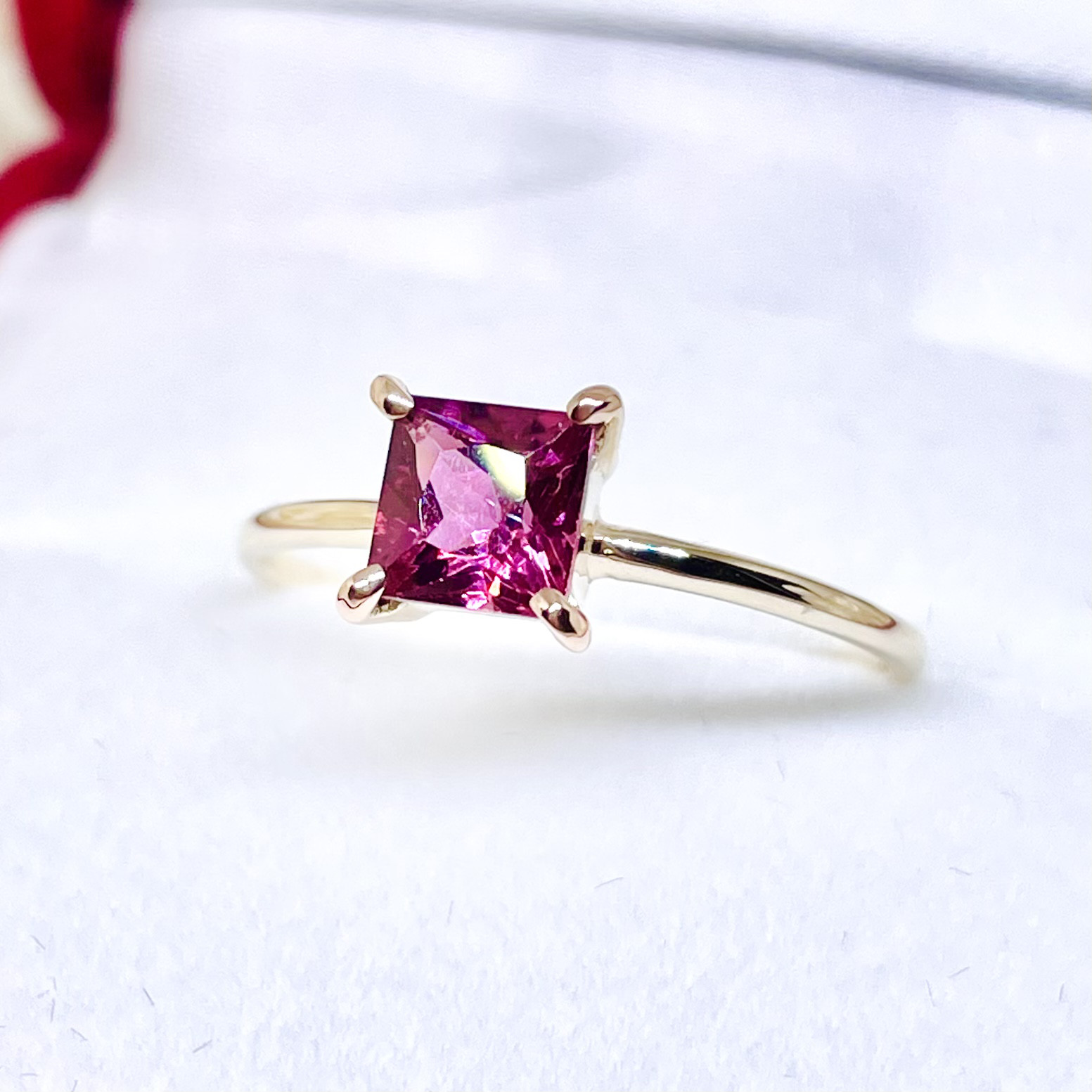 K18(18金)最高品質ピンクトルマリンのスクエアリング【セミオーダーメイド】