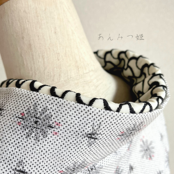 綿の刺繍半衿  モノクロの分銅繋ぎ 4枚目の画像