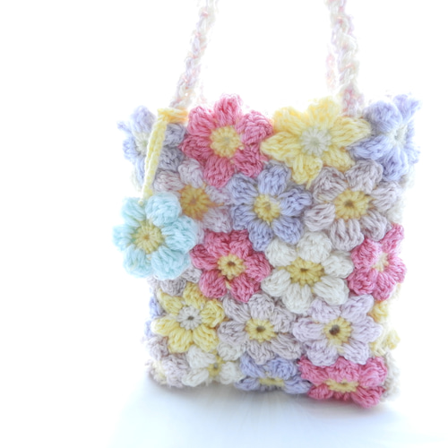 ぷっくりお花モチーフ編みミニバッグ 1点物 トートバッグ yukko