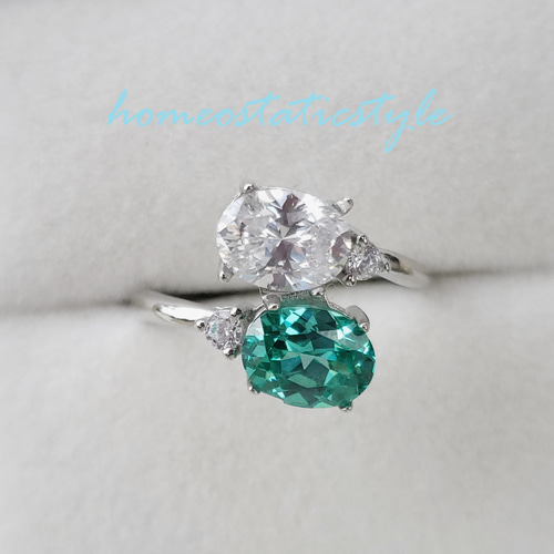 パライバトルマリン AAAグレード ダイヤモンドCZ ダブルストーンリング