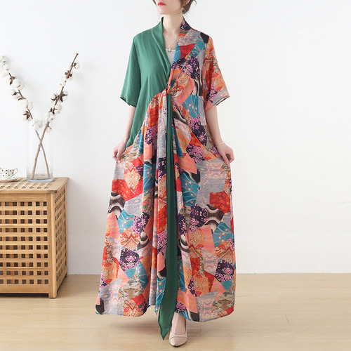 モダンでレトロな和柄MIX シャツワンピース ブルー ワンピース  