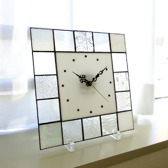 30㎝角・ステンドグラスの掛時計・モザイクR30（クリア・ホワイト・パール系）※受注制作 9枚目の画像