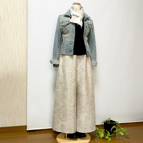 白大島＊ワイドパンツ＋ストール＊裏地付き＊着物リメイク