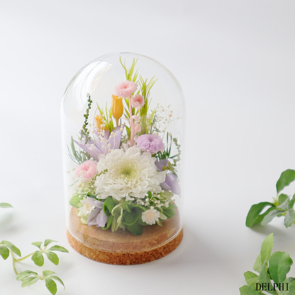 お供え用 プリザーブドフラワーアレンジ作品 ガラスドームで長持ち 白