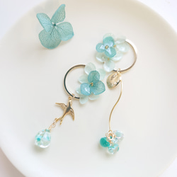 梅雨の晴れ間に Hydrangea＆DropBeads【イヤリング・ピアス】翡翠色・初販5点まで送料無料 4枚目の画像