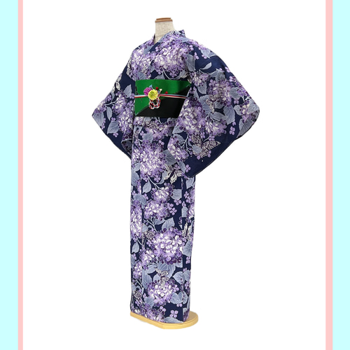 京染浴衣 浴衣単品 「紫陽花と蝶」 紺地 箔入り 空羽紅梅 綿100