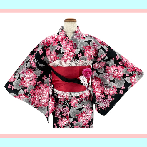 京染浴衣 浴衣単品 「紫陽花と蝶」 紺地 箔入り 空羽紅梅 綿100