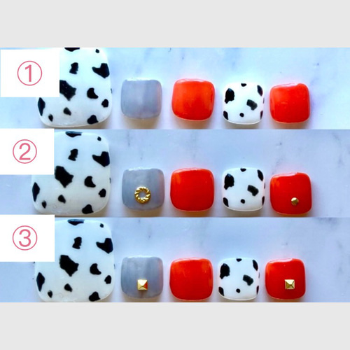 124】ダルメシアン× グレーオレンジ フットネイルチップ 選べる  