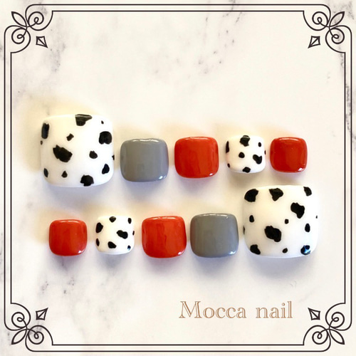 124】ダルメシアン× グレーオレンジ フットネイルチップ 選べる  
