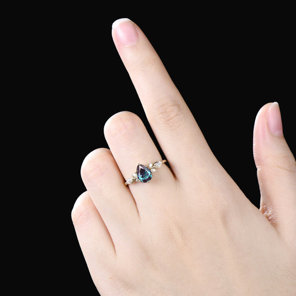 ヴィンテージ 6月誕生石 アレキサンドライト 婚約指輪セット モアッサナイト 2pcs ブライダルリングセット 6枚目の画像