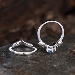 ヴィンテージ 6月誕生石 アレキサンドライト 婚約指輪セット モアッサナイト 2pcs ブライダルリングセット 5枚目の画像