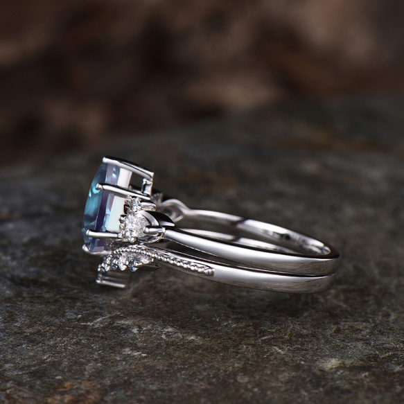 ヴィンテージ 6月誕生石 アレキサンドライト 婚約指輪セット モアッサナイト 2pcs ブライダルリングセット 4枚目の画像