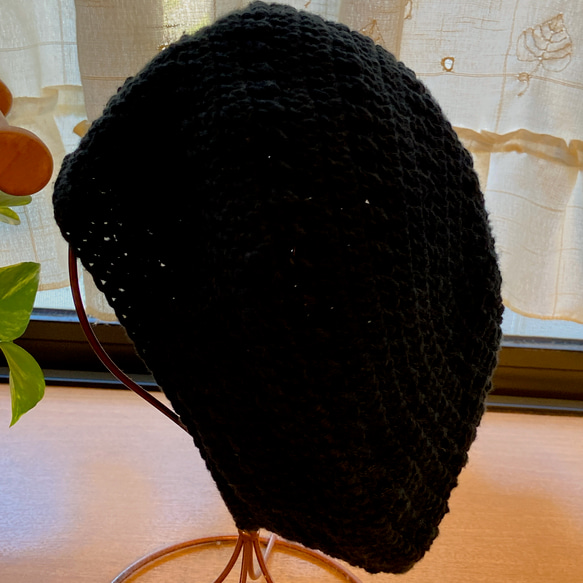 【受注制作】コットン糸で編んだベレー帽（ブラック） 3枚目の画像
