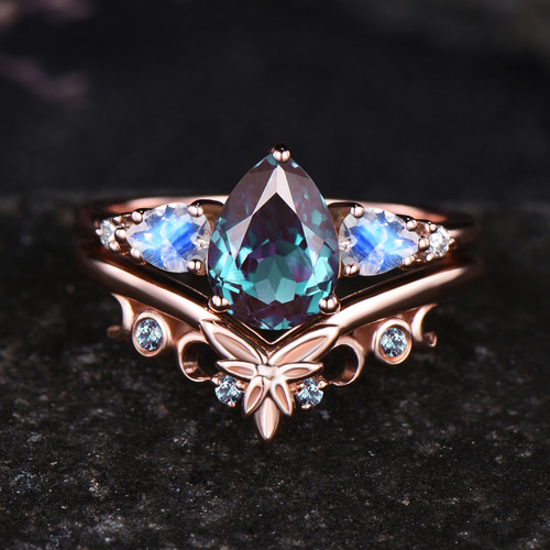 天然石　アレキサンドライト　ルース　天然石リング 葉の自然にインスパイアされたリング 6月の誕生石アレキサンドライトの