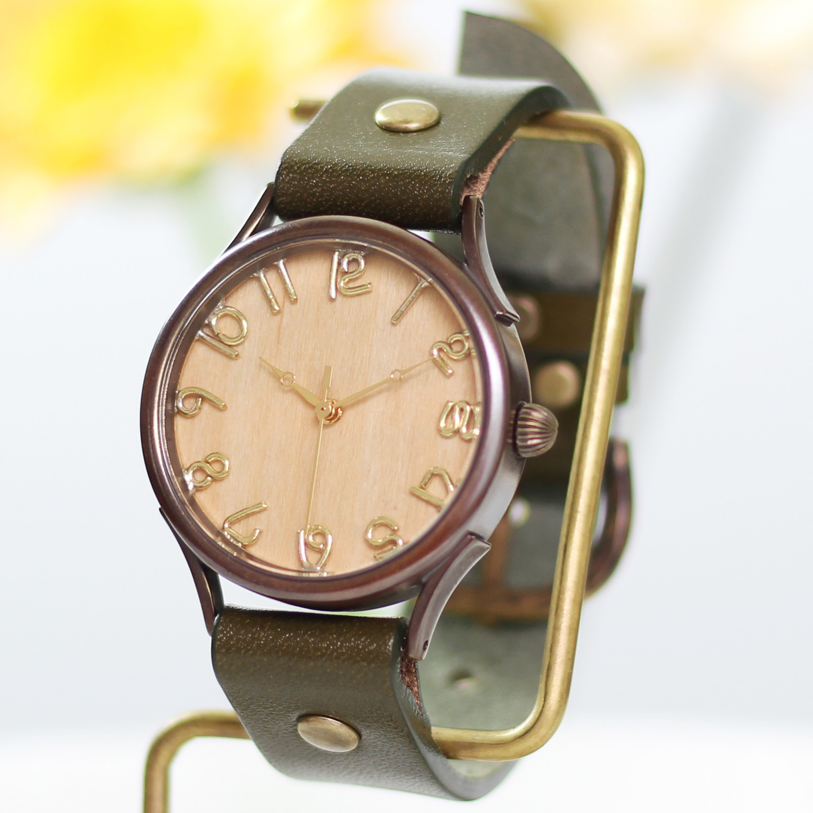 ナチュラルウッド「シナ」で作るハンドメイドウォッチ　選べる文字盤サイズ　栃木レザー　WB045-W3