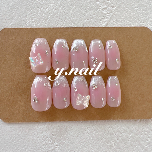 ネイルチップ オーダー マグネット ワンホン フレンチ 韓国 ピンク 蝶々 白 ネイルチップ オーダー マグネット ワンホン フレンチ 韓国