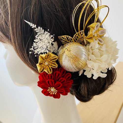 深紅】つまみ細工×プリザ 成人式髪飾り 卒業式髪飾り ヘアピン Hanaya