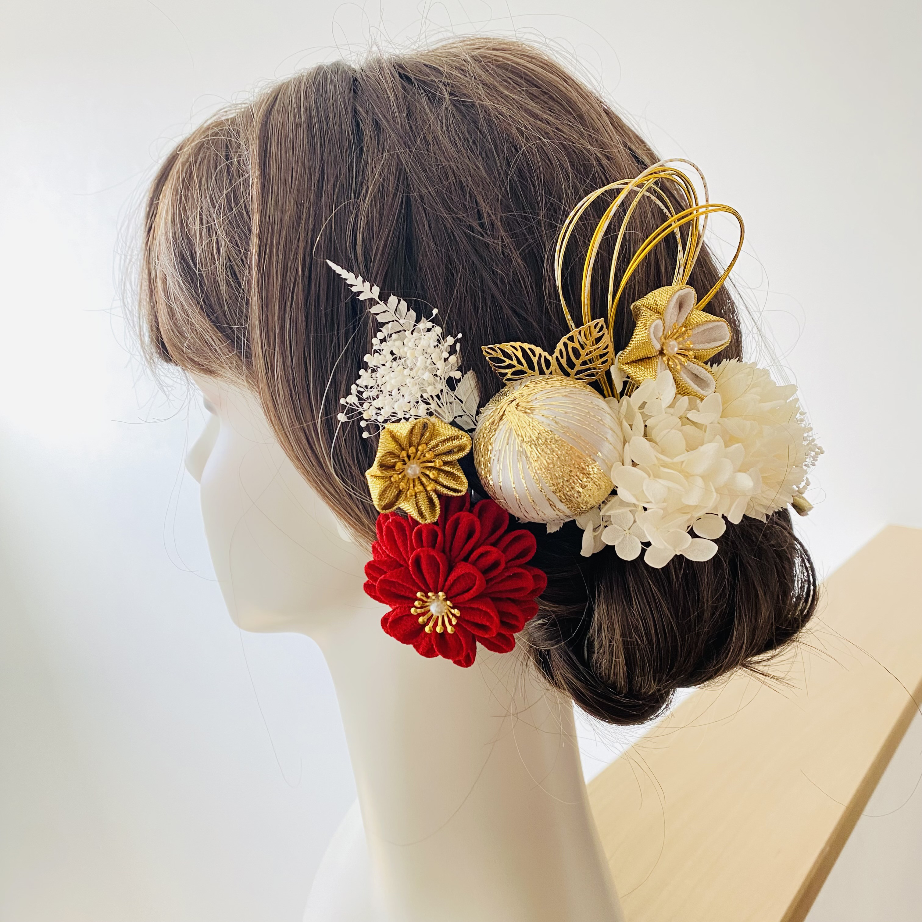 【深紅】つまみ細工×プリザ　成人式髪飾り　卒業式髪飾り
