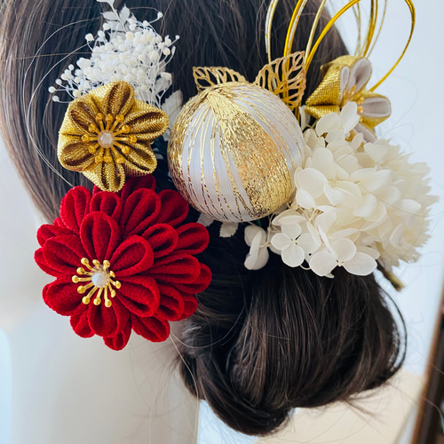 深紅】つまみ細工×プリザ 成人式髪飾り 卒業式髪飾り ヘアピン Hanaya