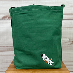 【特別セール限定】ヘソ天猫の刺繍 ポケット付きコットン肩掛けショルダーバッグ＜グリーン＞【送料無料】 4枚目の画像