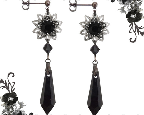 No.774【10ペア】ブラック お花 ハンドメイド ピアス イヤリング 花 フラワー ドロップ 雫 ピアス イヤリング 黒ブラック 両耳用 ペア