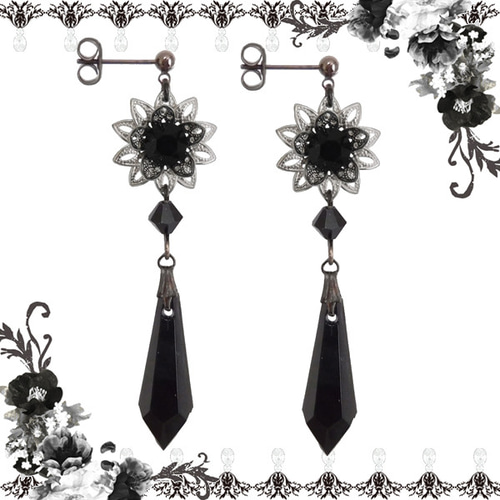 No.774【10ペア】ブラック お花 ハンドメイド ピアス イヤリング 花 フラワー ドロップ 雫 ピアス イヤリング 黒ブラック 両耳用 ペア
