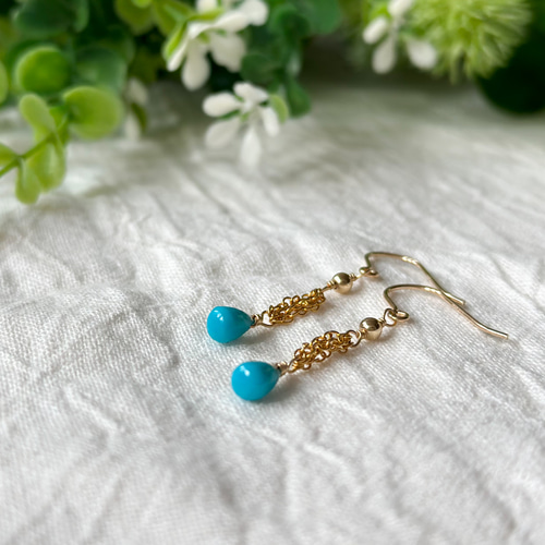 14kgf*スリーピングビューティーターコイズのチェーンピアス 