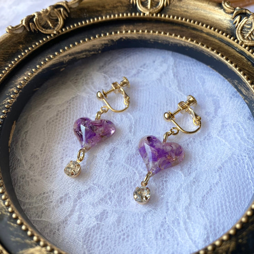 パープルハートのイヤリング】ハート パープル 紫 パール ダイヤ