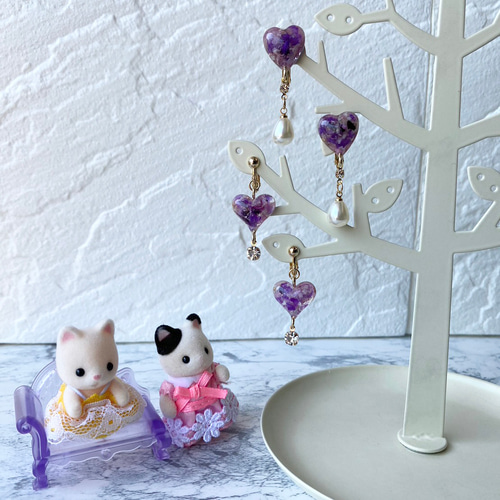 子供 ビーズ イヤリング ♡薄紫ハート♡ 希少ティファニーストーン 透かしハートチャーム付きピアス シルバー