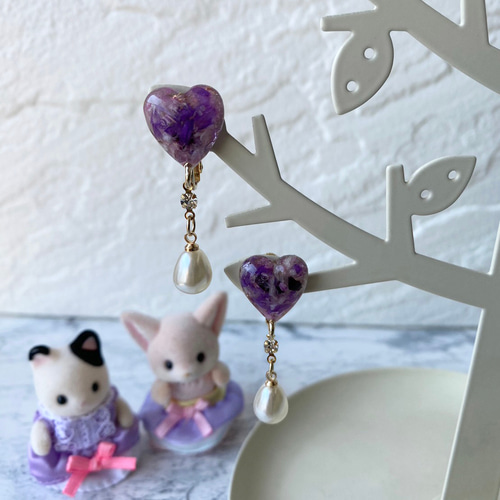 パープルハートのイヤリング】ハート パープル 紫 パール ダイヤ