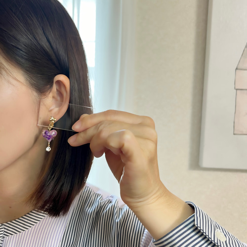 パープルハートのイヤリング】ハート パープル 紫 パール ダイヤ
