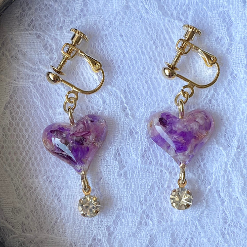 パープルハートのイヤリング】ハート パープル 紫 パール ダイヤ