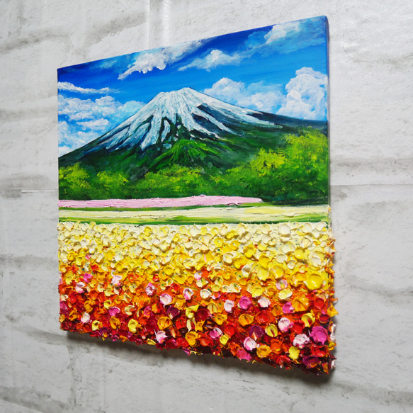 油絵 絵画アートパネル【お花畑と富士山】 2枚目の画像